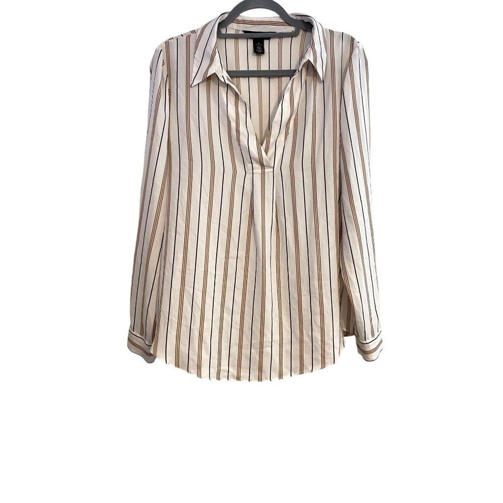 White House Black Market Blouse Womens 10 White Striped Collared Popover Preppy